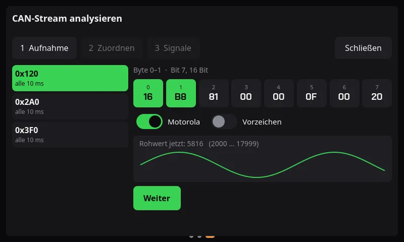 Screenshot der Overdrive-App: Eigenes Signal durch Antippen der Bytes eines Frames