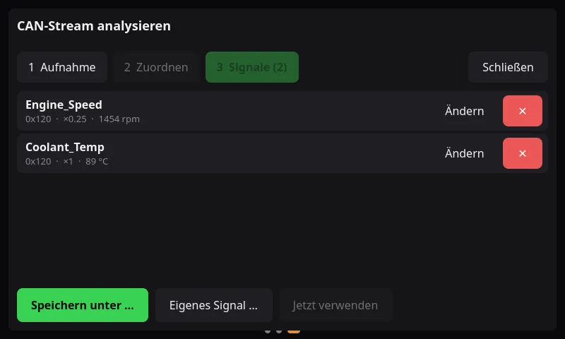 Screenshot der Overdrive-App: Liste der zugeordneten Signale mit Live-Wert