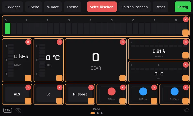 Screenshot der Overdrive-App im Bearbeiten-Modus mit Werkzeugleiste und orange markierten Widgets