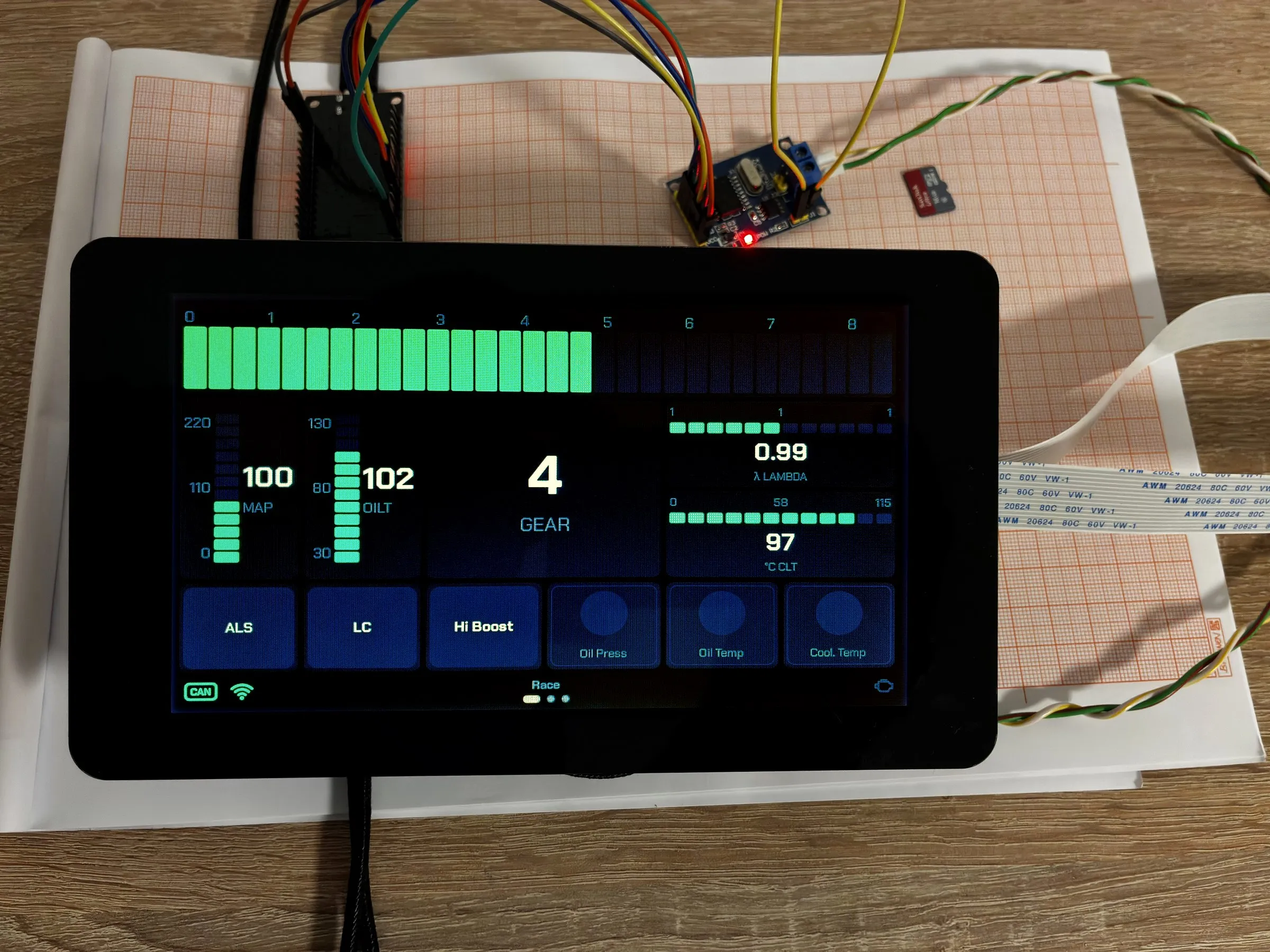 Foto des Entwicklungsaufbaus: Raspberry-Pi-Touch-Display mit der Overdrive-Oberfläche, daneben ein CAN-Modul und Kabel auf Millimeterpapier